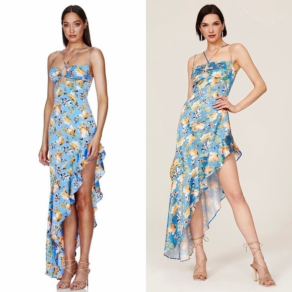 NOOKIE 70s Floral Satin Sleeveless Ruched Cutout Asymmetric Ruffle Maxi Dress L - Picture 1 of 11